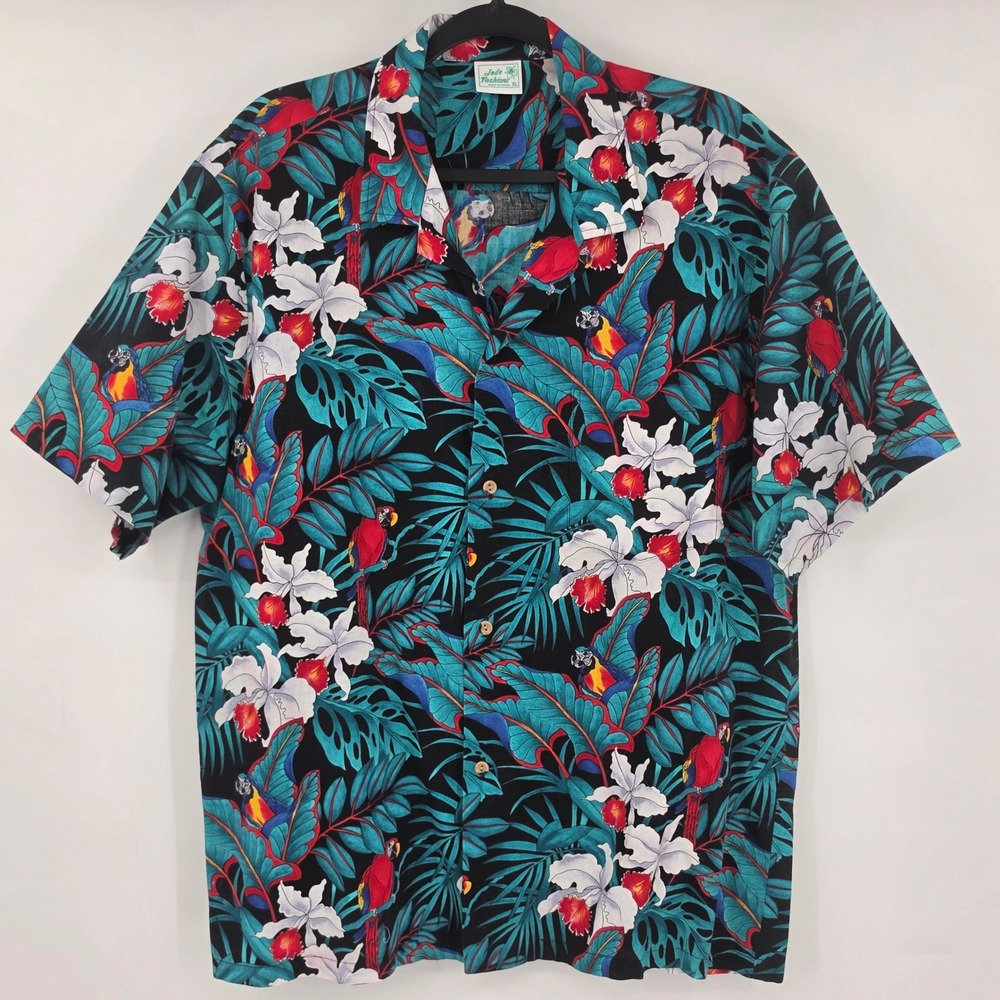 Jade Fashions Mens XL Hawaiian Shirt Parrot Floral Orchid 100% Cotton Aloha Camp